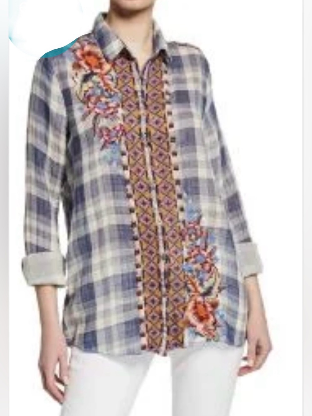 Johnny Was Calia Blue Plaid Shirt with Colorful Embroidery Size Small